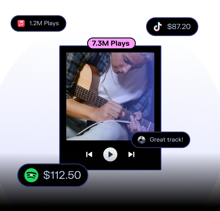 Illustration of a music player over a dotted globe with a play button, play-count badge and platform earnings badges.